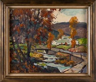 MARIA VERONICA LISZT (Massachusetts, 1902-1992), Farm scene with bridge., Oil on canvas, 20" x 24".