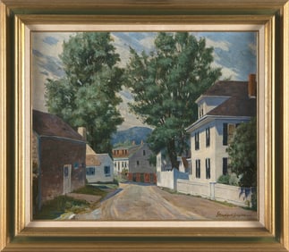 J. BRADFORD (JESSE) HAGUE (Massachusetts, 1903-1994), "Rockport St., Corner of Main & Beach"., Oil