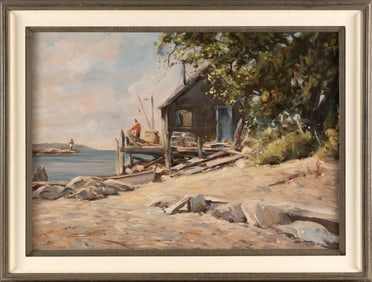 EDWARD H. HARRIGAN (Massachusetts, 1910-1987), Fishing shack by the water's edge., Oil on canvas,