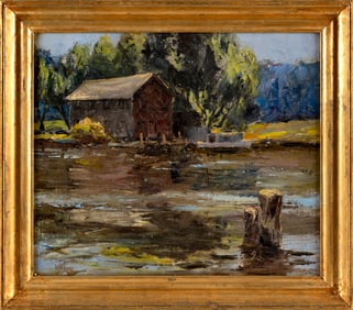 KEN GORE (Massachusetts/Illinois, 1911-1990), Lake boathouse., Oil on masonite, 12" x 14". Framed
