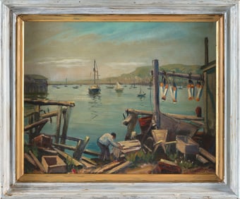 LOUISE G. BURBANK (Rhode Island/Maine/Massachusetts, 20th Century), Harbor scene with a lobsterman.,