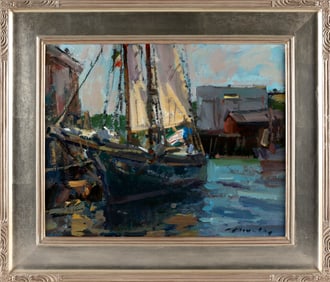 CHARLES J. MOVALLI (Massachusetts/Maine, 1945-2016), "In Port"., Oil on board, 16" x 20". Framed 23"