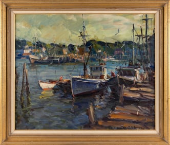 ROBERT CHARLES GRUPPE (Massachusetts, 1944-), North Shore harbor., Oil on canvas, 25" x 30". Framed