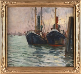 AMERICAN SCHOOL , Ships at dock., Oil on canvas, 30" x 27". Framed 36" x 33".