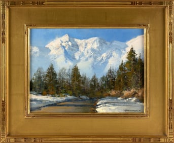 THOMAS ANDREW NICHOLAS (Massachusetts/Connect, 1934-), "Winter Contrast, the Tetons"., Oil on board,