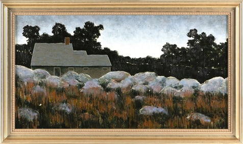 MICHAEL FRATRICH (Vermont/New Jersey, 1968-), Farm at dusk., Oil on panel, 16" x 30". Framed 19.5" x