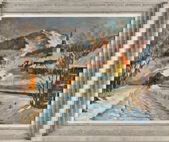 PHILIP H. COOPER (America, 20th Century), Wintertime scene of a village and covered bridge., Oil on