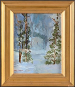 NANCY WHALEN (America, 20th Century), Snow falling on a house in the woods., Oil on canvas board,