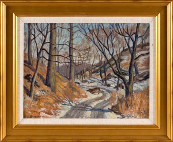 ALICE WILMARTH THOMPSON BUSING (New York/Florida, 1898-1973), Snowmelt along a woodland road., Oil