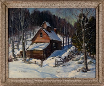 EARLE A. TITUS (Massachusetts/New Hampshire, 1895-1962), Barn in winter., Oil on masonite, 24" x
