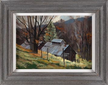 JOHN LEO LOUGHLIN (Massachusetts/Rhode Island, 1931-2004), "Vermont Sugar Mill"., Oil on canvas, 10"