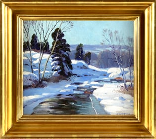 CHARLES GORDON HARRIS (Rhode Island, 1891-1963), Winter landscape with stream., Oil on canvas board,