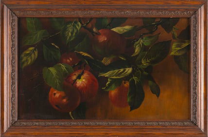 AMERICAN SCHOOL (19th Century,), Apples on a branch., Oil on canvas, 12" x 20". Framed 16" x 24".