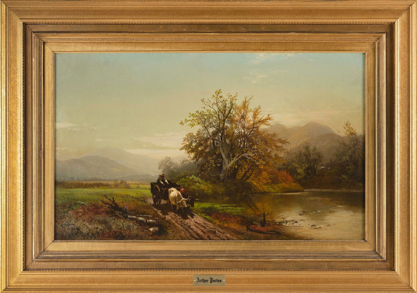 ATTRIBUTED TO ARTHUR PARTON (New York/Pennsylvania/United Kingdom, 1842-1914), Ox-driven cart on a: ATTRIBUTED TO ARTHUR PARTONNew York/Pennsylvania/United Kingdom, 1842-1914Ox-driven cart on a path along a valley river. Unsigned. Artist identified on frame plaque.Oil on canvas, 18" x 30". Framed 27