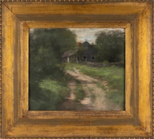 AMERICAN SCHOOL (19th Century,), Cottage on a rural lane., Pastel on paper, 18" x 21". Framed 30" x
