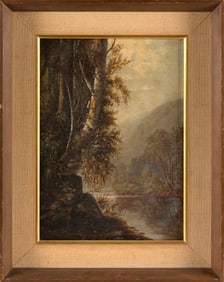 AMERICAN SCHOOL (19th Century,), Birch tree on a riverbank., Oil on canvas, 14" x 10". Framed 19" x