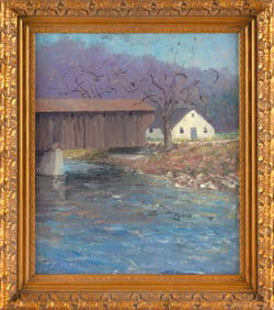 HARRY LESLIE HOFFMAN (Connecticut, 1871-1964), Covered bridge., Oil on board, 15.5" x 13.5". Framed