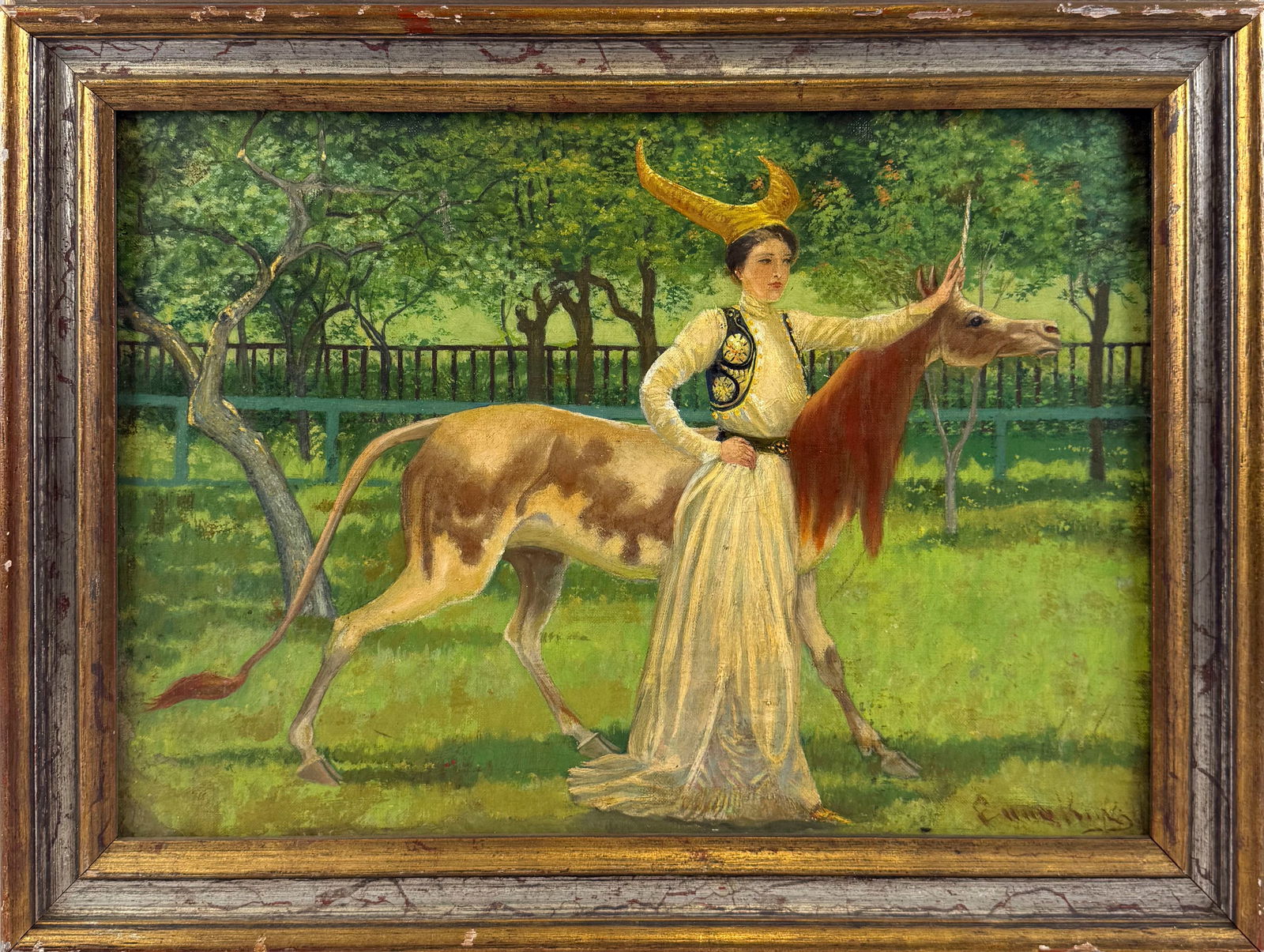 JOHN JOSEPH ENNEKING (Massachusetts/New York/Maine/Ohio, 1841-1916), Mythological scene of a woman: JOHN JOSEPH ENNEKINGMassachusetts/New York/Maine/Ohio, 1841-1916Mythological scene of a woman and a unicorn. Signed lower right "Enneking".Oil on canvas, 14" x 20". Framed 18.25" x 24.25".