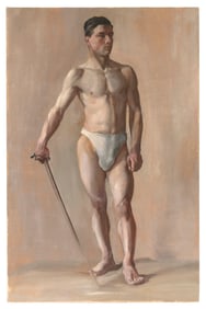 PAINTING OF A MALE FIGURE HOLDING A SWORD First Half of the 20th Century Oil on canvas, 36" x 24".