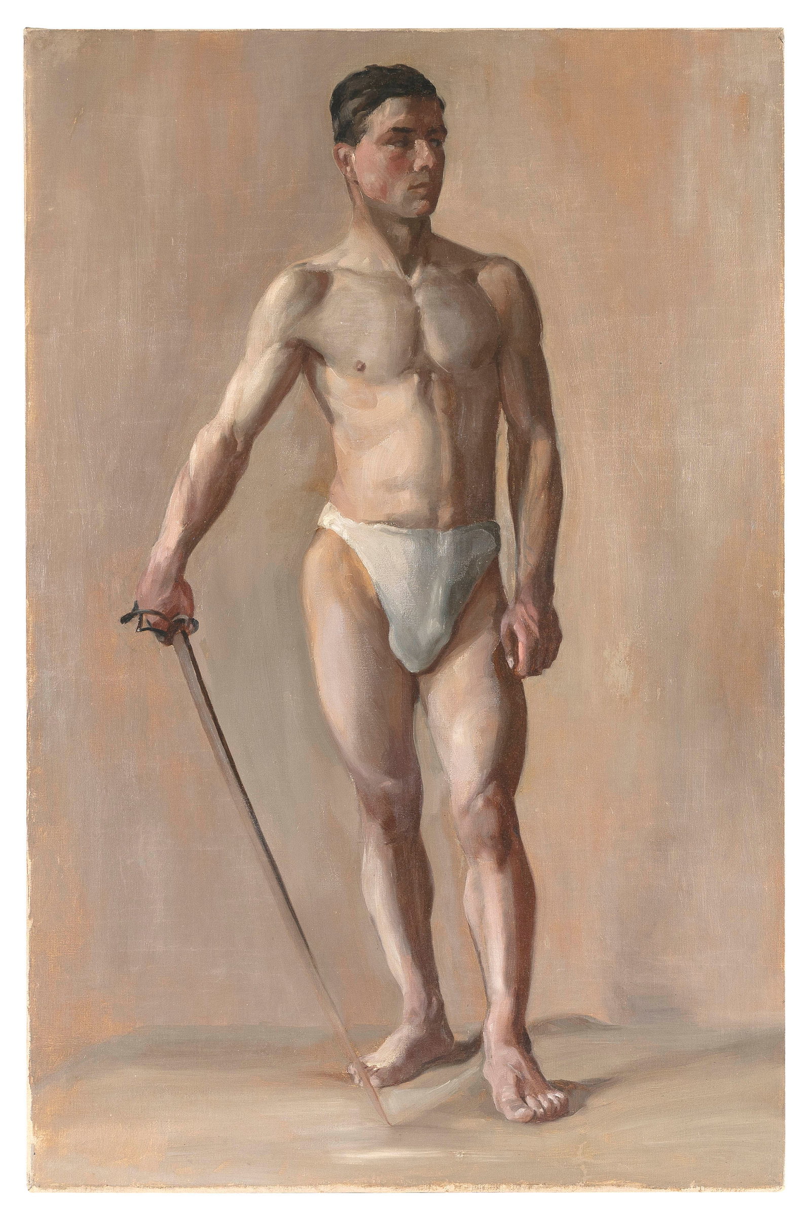 PAINTING OF A MALE FIGURE HOLDING A SWORD First Half of the 20th Century Oil on canvas, 36" x 24".: PAINTING OF A MALE FIGURE HOLDING A SWORD First Half of the 20th Century Unsigned. Inscribed verso "Life Painting 10f, 1m". Oil on canvas, 36" x 24". Unframed.