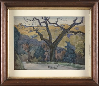 HAROLD CHRISTOPHER DAVIES (California, 1891-1976), Bare tree in green landscape., Watercolor, 7.5" x