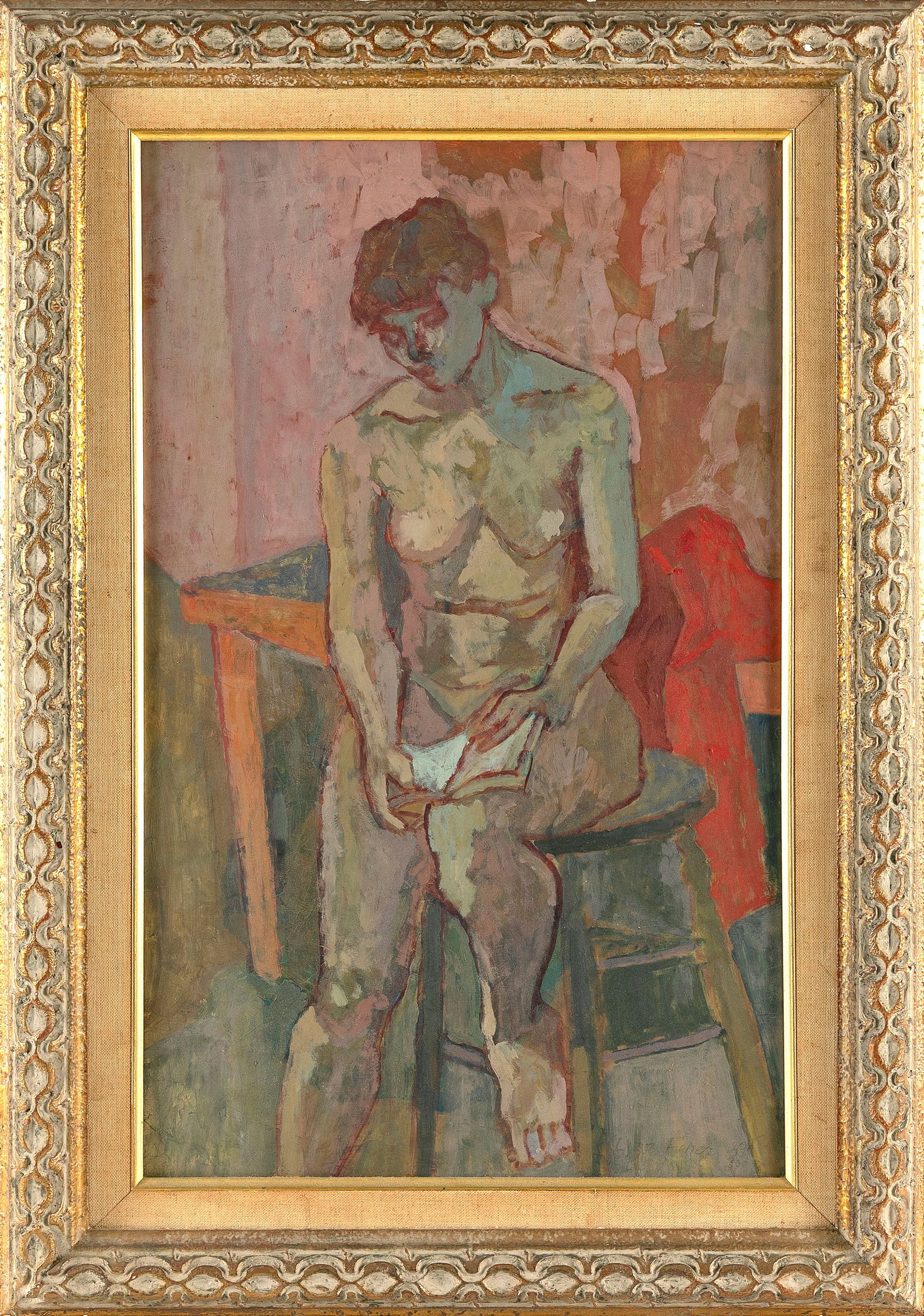 LIZA FONER (New York, 1909-2005), Seated female nude., Oil on masonite, 23.5" x 14.25". Framed 29.5": LIZA FONERNew York, 1909-2005Seated female nude. Signed and dated lower right "Liza Foner '54".Oil on masonite, 23.5" x 14.25". Framed 29.5" x 21".