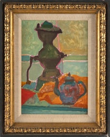 LIZA FONER (New York, 1909-2005), Still life with teapot., Oil on masonite, 13.75" x 10". Framed