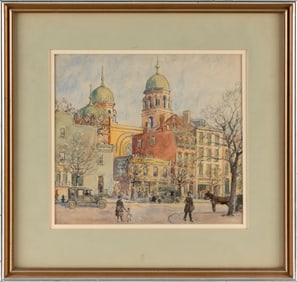 AMERICAN SCHOOL (Early 20th Century,), Busy city street in front of Lehman's Tire Shop., Watercolor