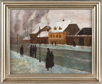 AMERICAN SCHOOL (Contemporary,), Figures walking down a street., Oil on canvas, 16" x 20". Framed