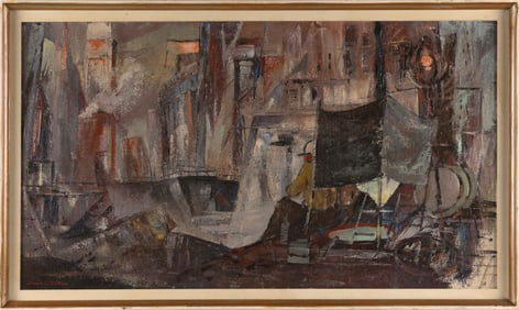DAVID CURTIS BAKER (New Hampshire/Massachusetts, 1915-1999), Cityscape., Oil on masonite, 19" x 35".