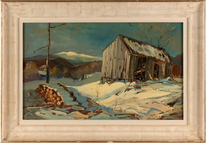 DAVID CURTIS BAKER (New Hampshire/Massachusetts, 1915-1999), Dilapidated barn in winter., Oil on