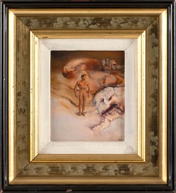 JAMES GLEESON (Australia, 1927-1999), "Psychoscape", depicting a nude figure., Oil on masonite, 5" x