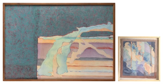 BETY KOHLBERG (America, 1936-), Two abstracts., Acrylics on canvas, 17" x 15" (unstretched) and 32"