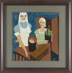 NICHOLAS TAKIS (New York, 1903-1965), A nurse and a girl holding a basket of apples., Oil on panel,