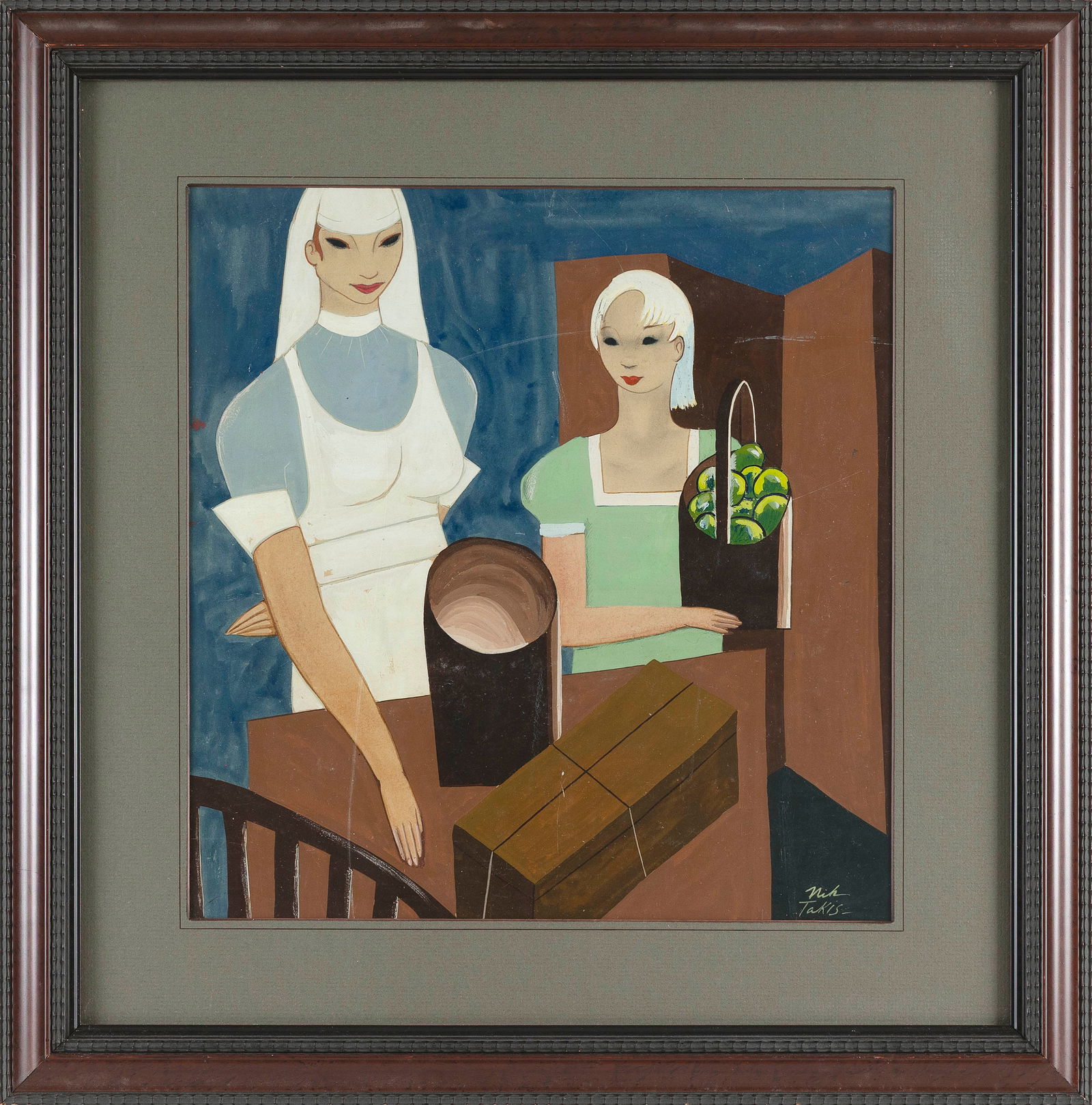 NICHOLAS TAKIS (New York, 1903-1965), A nurse and a girl holding a basket of apples., Oil on panel,: NICHOLAS TAKISNew York, 1903-1965A nurse and a girl holding a basket of apples. Signed lower right "Nik Takis".Oil on panel, 14" x 13.5". Framed 21.5" x 20.75".