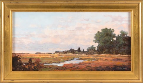 HERMAN LATHAM KENT (Massachusetts, 1930-2010), "Marsh and Sky"., Oil on canvas, 12" x 24". Framed
