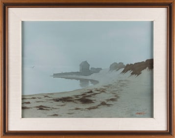 DAN MCELWAIN (20th Century,), Chatham fishing shacks in a heavy fog., Watercolor on paper, 21.5" x