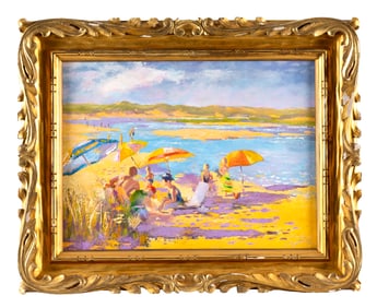 CAPE COD SCHOOL (Contemporary,), Bathers at the shore., Oil on canvas, 20" x 27". Framed 27.5" x