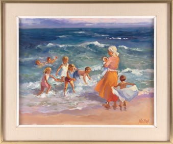 CAROL WHORF WESTCOTT (Massachusetts, 1926-2008), "Racing the Waves"., Oil on canvas, 22" x 28".