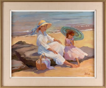 CAROL WHORF WESTCOTT (Massachusetts, 1926-2008), A mother and daughter on the beach., Oil on canvas,