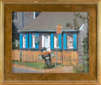 TERRY DUNN (America, 20th/21st Century), House with blue shutters., Oil on canvas, 16" x 20". Framed