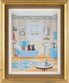 JAYNE SHELLEY-PIERCE (Masschusetts, 20th/21st Century), Three dogs in a tub., Oil on canvas, 18" x