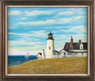 JAMES W. MADDOCKS (Massachusetts, Contemporary), Lighthouse and distant sailboats., Oil on canvas,