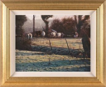 HENRY MCGRANE (Ireland/California/Spain, 1969-), Sheep grazing in a pasture., Oil on board, 18" x