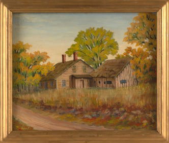 AMERICAN SCHOOL (20th Century,), House and barn along a dirt road., Oil on board, 13" x 16". Framed