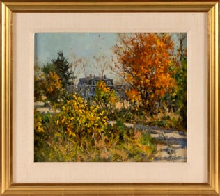PETER ROLFE (Maine/Massachusetts/Europe, 1942-), Victorian home in autumn., Oil on board, 12" x 14".