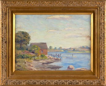 AMERICAN SCHOOL (19th/20th Century,), Red shack on a pier., Oil on board, 12" x 16". Framed 17.5" x