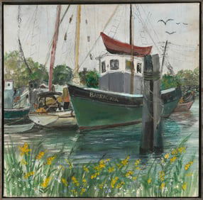 ANNE NAGGIE (Connecticut, 20th Century), The Barracuda at dock., Oil on canvas, 26" x 26". Framed