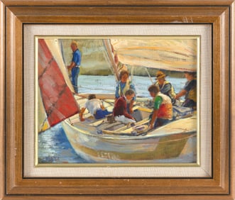 AMERICAN SCHOOL (20th/21st Century,), Sailing party., Oil on panel, 8" x 10". Framed 12" x 14".