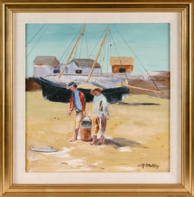 AMERICAN SCHOOL (Contemporary,), Figures hauling water past a beached boat., Oil on board, 20" x